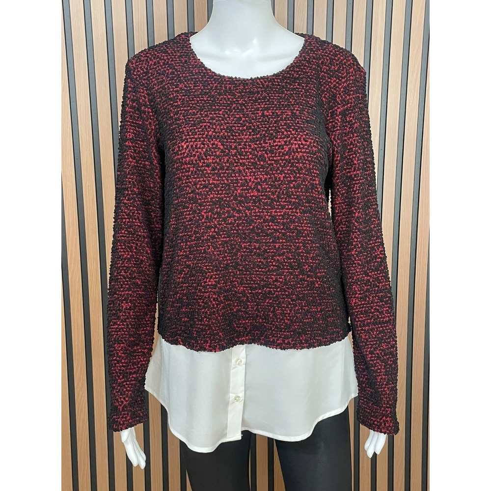 Calvin Klein‎ Nubby Women's Sweater Knit Button Hem Stretch 2 Layered S Red